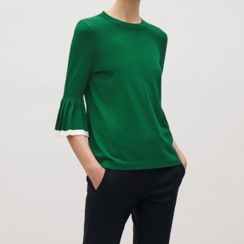 COS Bottle Green Peplum Pleated Bell Sleeve Blouse